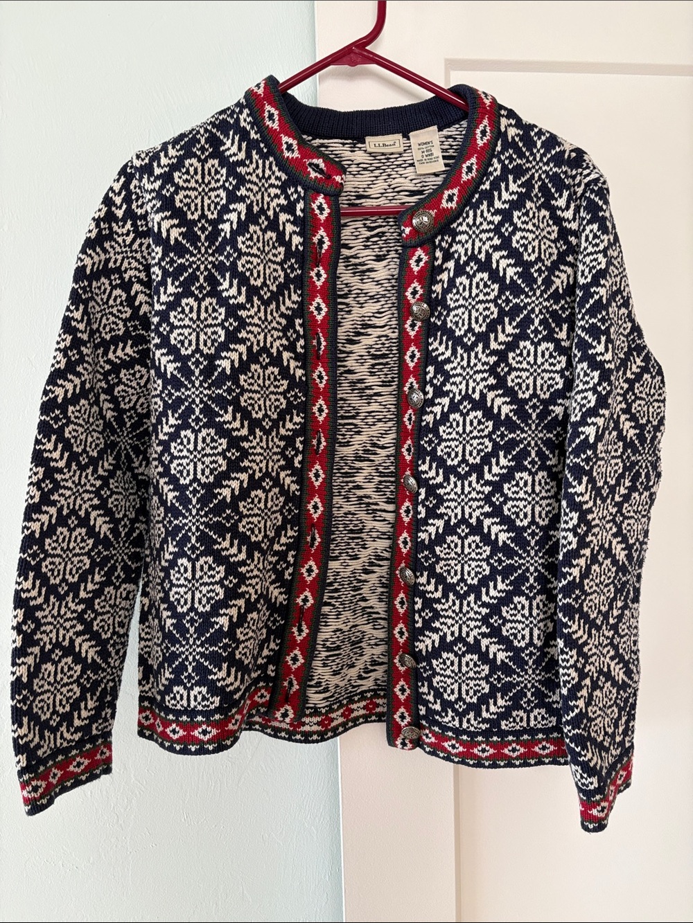L.L. Bean Navy, White & Red Nordic Cardigan